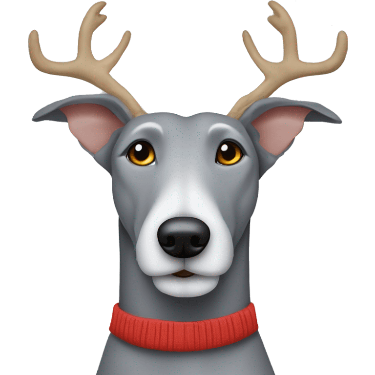 Scruffy grey bedlington whippet wearing antlers emoji