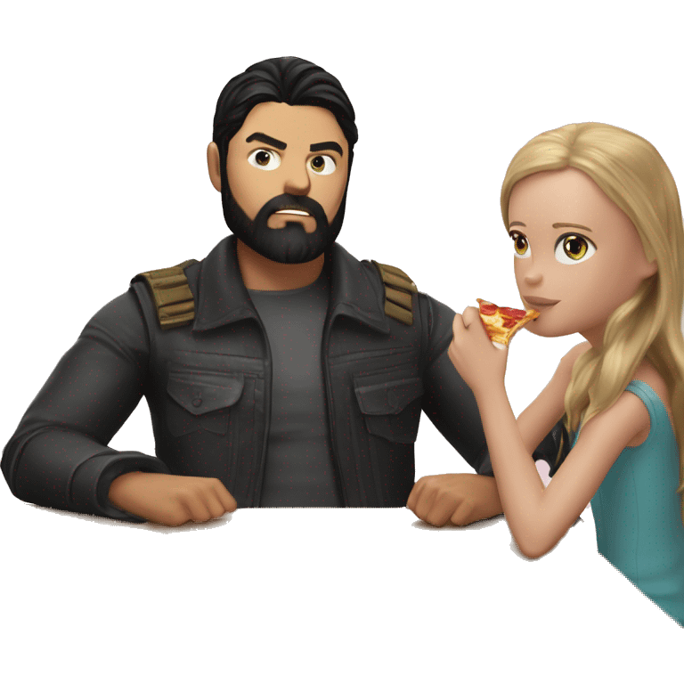 karl urban with black beard sitting at a table eating pizza with small white girl with black hair emoji