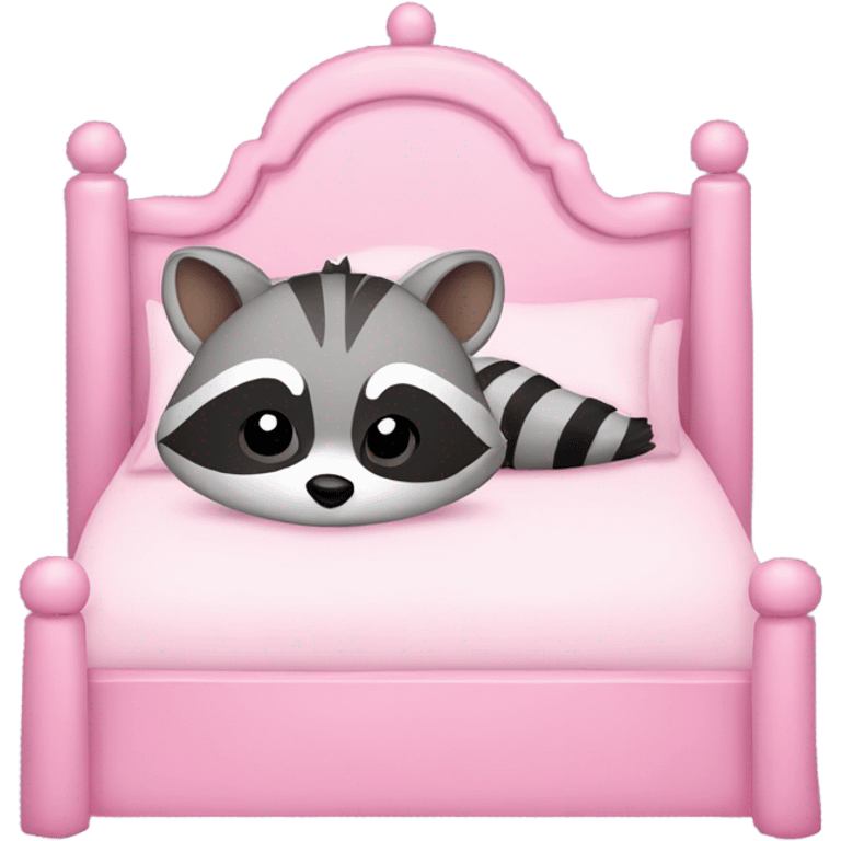 princess style bed with sleeping cute racoon wearing pink bow on head in it emoji