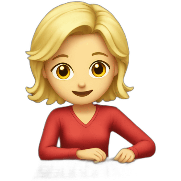 Girl, blonde hair, wearing red shirt, sitting at a black desk, wrapping chocolate candies emoji