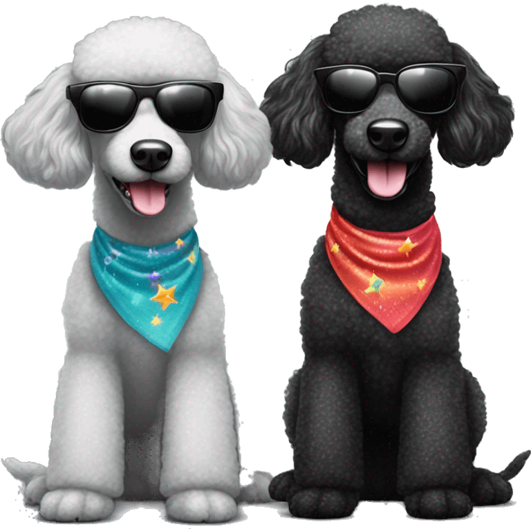 Two BLACK poodles wearing sparkling sunglasses with a big smile. Also with a bandanna around its neck. Both Dogs needs to be all black emoji