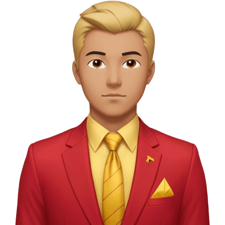 "A bust of a professional man dressed in a red and yellow business suit, symbolizing career opportunities and success. He has a confident expression, short well-groomed hair, and a sharp, determined look. The suit consists of a red blazer with yellow accents, a neatly buttoned yellow dress shirt, and a red tie. A bright upward arrow (📈) is positioned beside him, representing career growth. The man’s bust is stylized with clean lines, focusing on his upper torso and face. The background is plain white, maintaining a professional and modern business-themed design. emoji