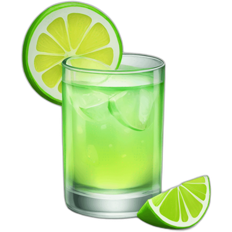 A single tequila glass with a single slice of green lemon piece on it emoji