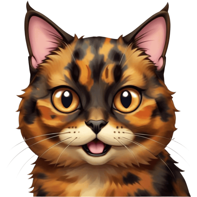 Cinematic Comical Tortoiseshell Cat Portrait Emoji, Head cocked dramatically with an over-the-top shocked expression, featuring a rich mottled fur of browns and blacks and wide, comically animated eyes full of playful disbelief, simplified yet hilariously detailed, glowing with a bold, sassy radiance, high shine, exuding a mischievous and spirited charm, styled with a soft glowing outline, capturing the essence of a tortoiseshell cat that appears ready to burst into comical antics! emoji