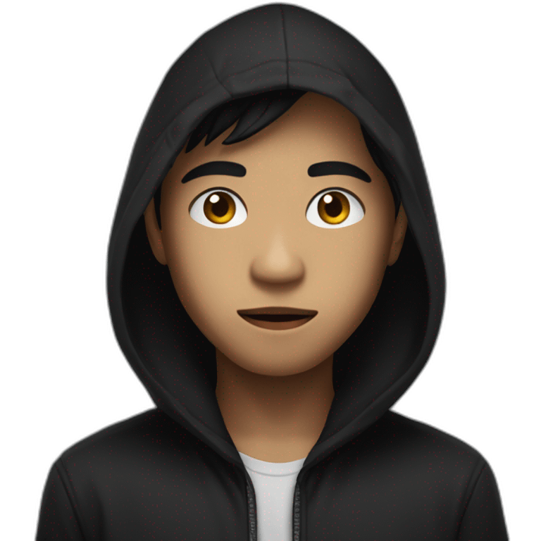 Makes a young filipino man of 19 with a dark look and moderately stretched eyes. Who wears a skull hood over his face. He also wears a black hooded vest. emoji