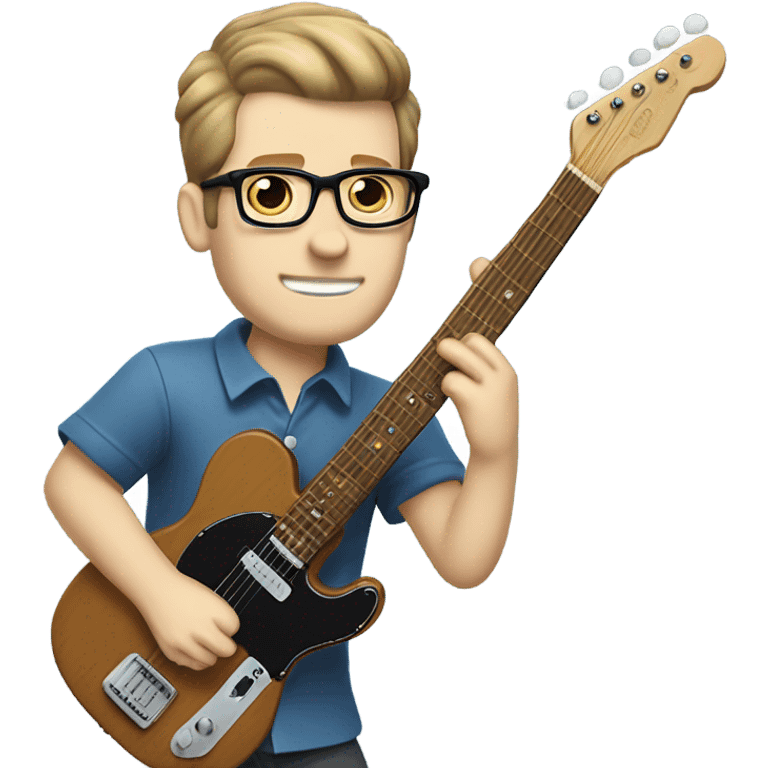 A nerdy white guy with glasses with short brown hair with a small quiff playing a blue classic telescaster with a light maple neck emoji