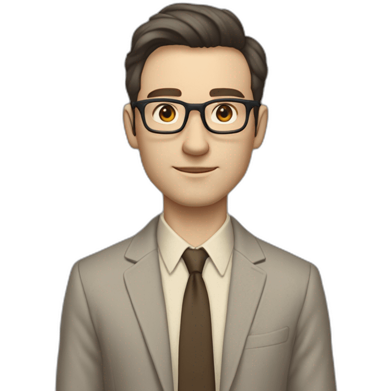 Full height Pale skinned Fit Man With dark brown hair in gray jacket, beige office shirt, tie, Brown pants and vintage glasses. Thrumbs of his palms directed up emoji