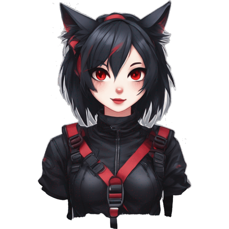 Gorgeous gothic dark techwear anime style anthro cat furry sona with blushing face aesthetic and pretty edgy black red punk messy ponytail hair with collar and harness trending style emoji