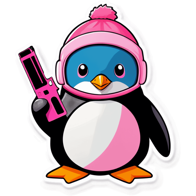 penguin wearing light pink ski mask holding a light pink gun emoji