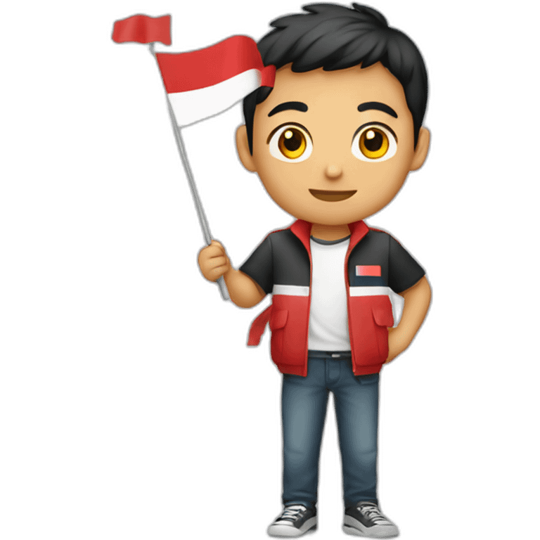 asian young male holding Indonesian flag emoji