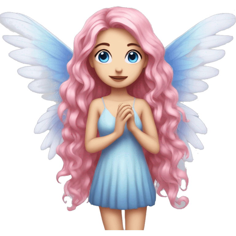 big wings, rose, Beautiful, fairy, pink, long hair, blue eyes  emoji