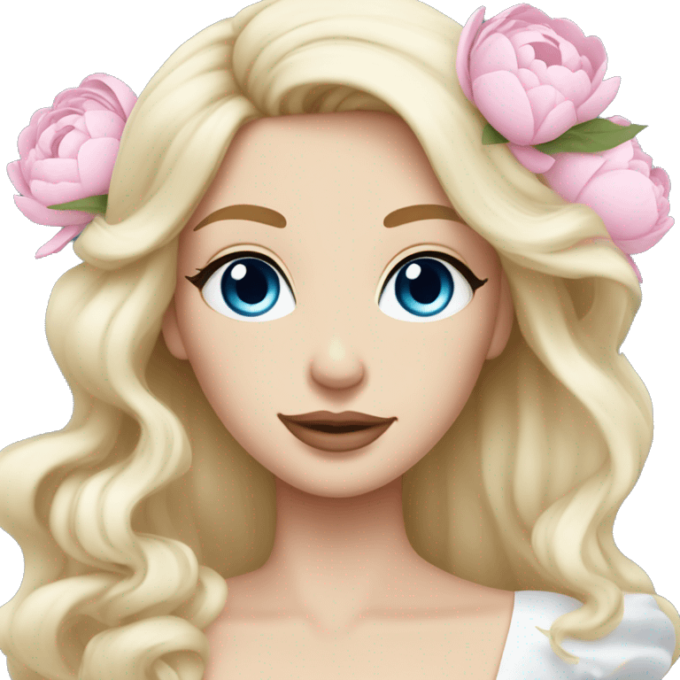 White bride with long light blonde hair and blue eyes with light pink peonies in hair white skin  emoji