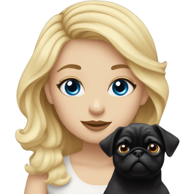 Girl with wavy blonde hair and blue eyes, kissing a black pug emoji