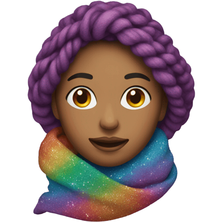 Woman with Knit scarf with rainbow glitter design  emoji