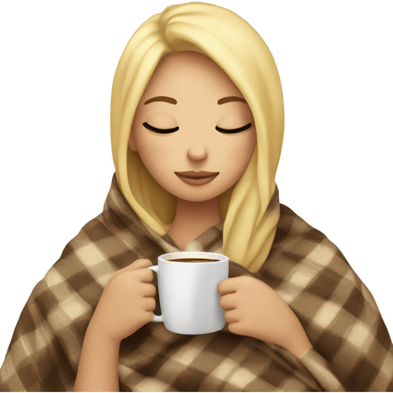 girl inside a blanket sipping coffee eyes closed blonde hair emoji