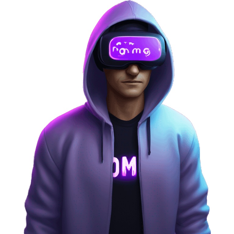 Russian man wearing a black hoodie with "OMG" letters on it and VR headset in a cyberpunk VR environment with violet neon lighting. emoji