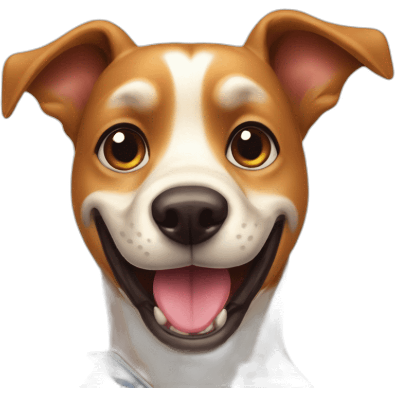 a funny dog smiling  seflie portrait holdong phone emoji