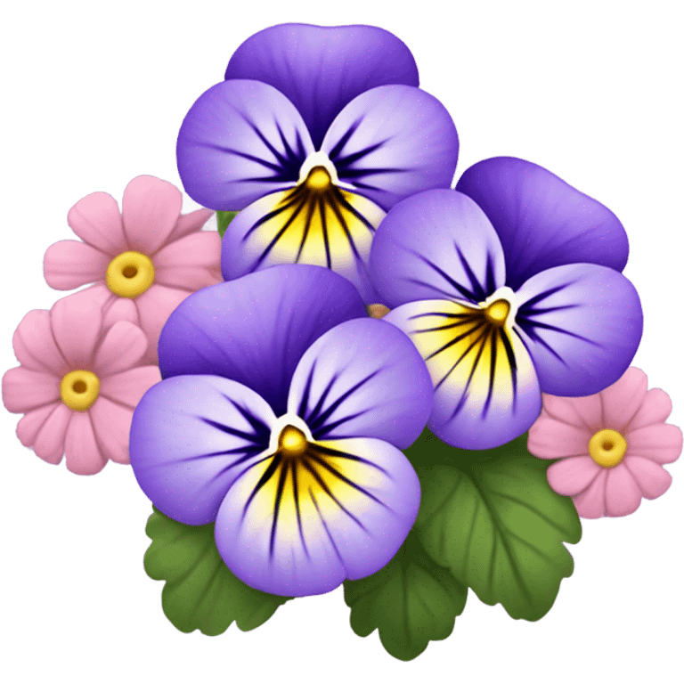 composition of aesthetically pleasing violet pansies, pastel pink daisies set against a background of a rosy vintage-style perfume bottle  emoji