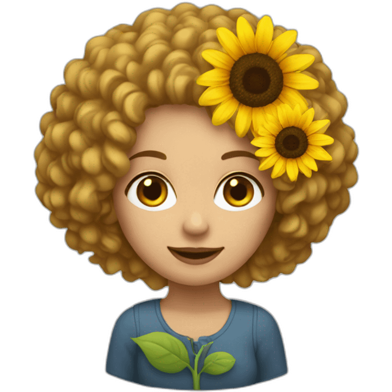 White woman with curly hair holding a sunflower emoji