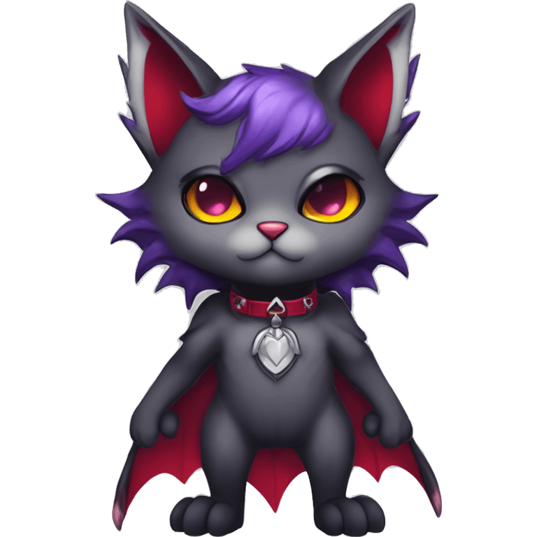 Anthro-Cute-Edgy-Cool-Vampiric-Batty-Cat-Black-Purple-Red-Grey-White-Yellow-Contrast-Colors-Fantasy-Fur-Sona-Chibi-Shiny-Fakémon-Hybrid with horns and fangs and collar full body emoji