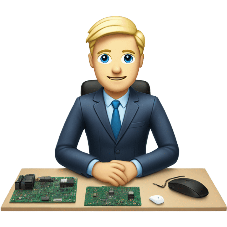 male, european blond with classs, blue eyes, pcb laying on desk emoji