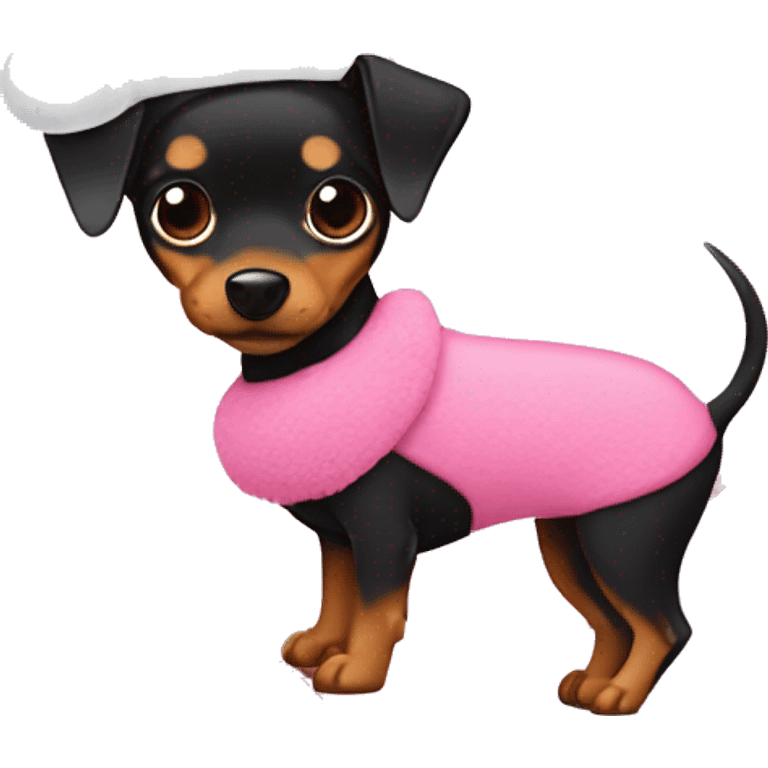 Miniature pinscher wearing pink heart with pink cookie santa hat emoji