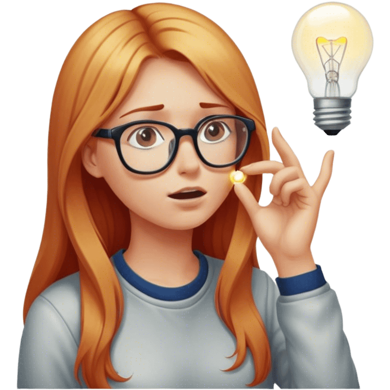 intelligent and clever, 30 year old, girl, long red and almost blond hair, glasses, has an brillant idea, rubs his nose, light bulb over the head, casual cloth  emoji