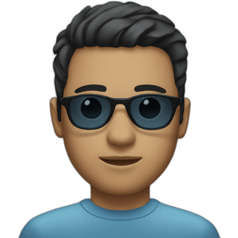 A young man with short black hair, a degraded haircut, black eyes, and sunglasses with a blue tint. emoji