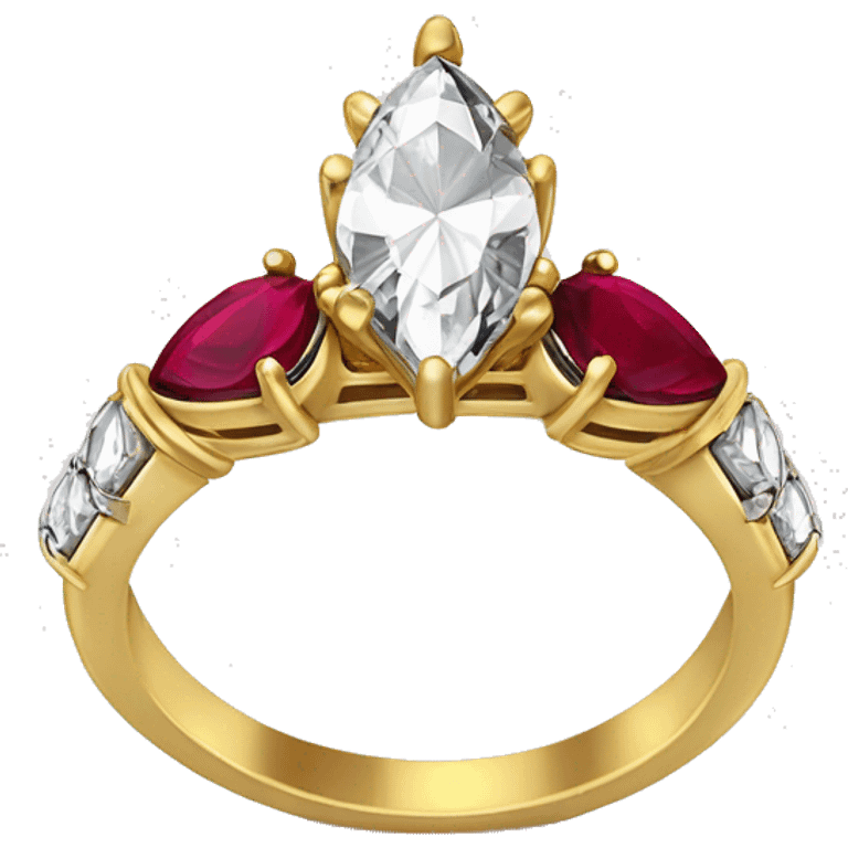 A wedding ring with a gold band, small diamonds on the band, and a white marquis diamond and 2 smaller marquis rubies on either side of the marquis diamond emoji