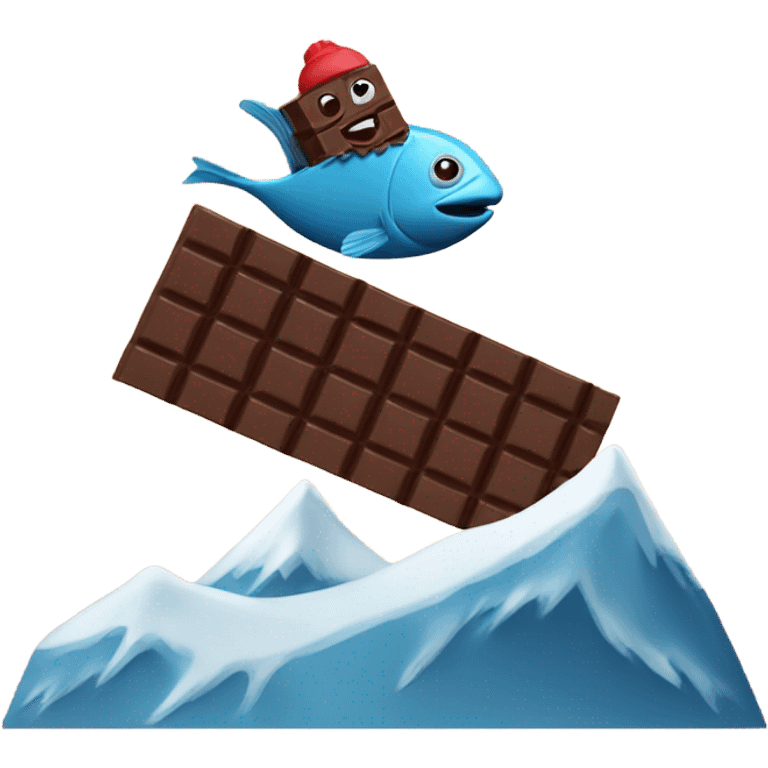 Fish skiing down a chocolate bar mountain emoji