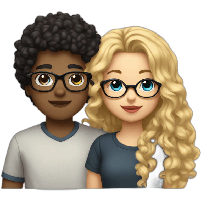 Boy curly blonde hair and glasses kissing girl wavy black hair and glasses emoji