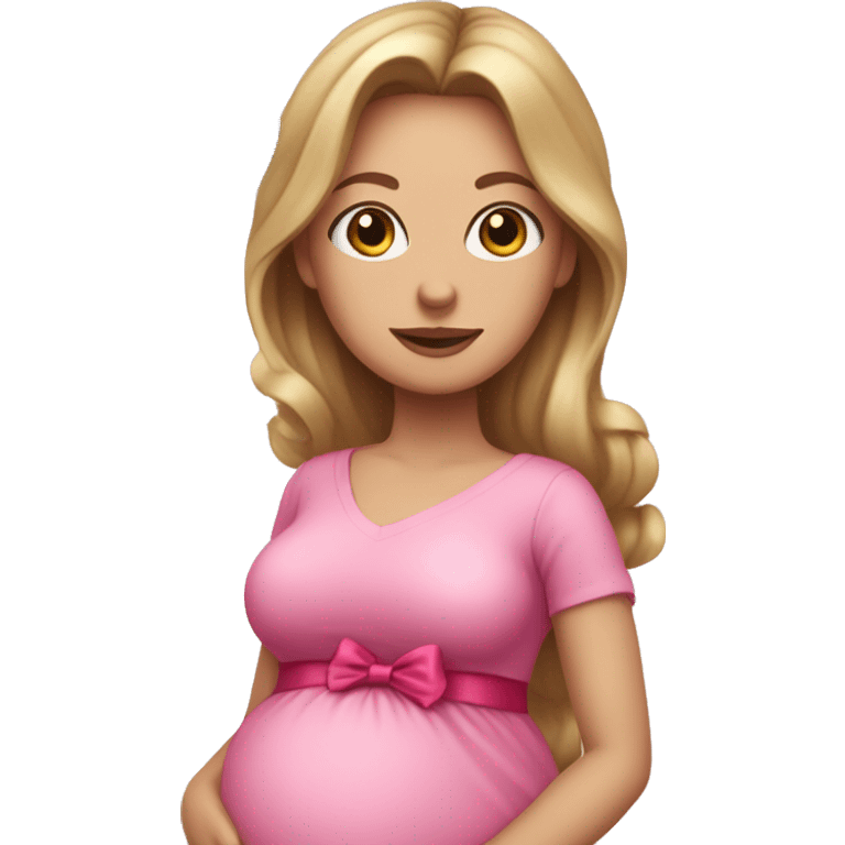 White pregnant woman with blue eyes and Dark blond hair, pink dress with bow and pink heart ballons.  emoji