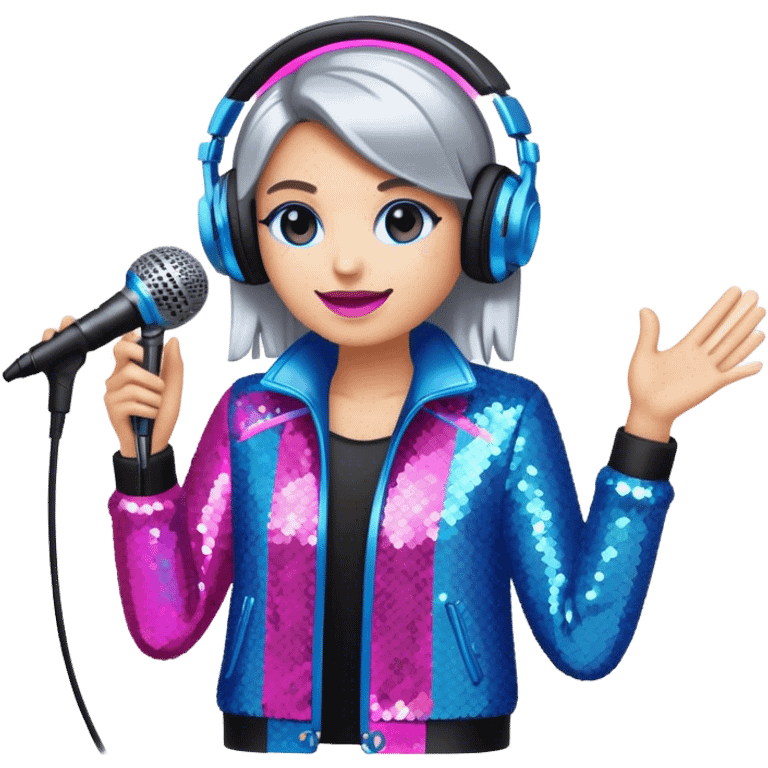 Create a vibrant and modern emoji that represents pop or stage vocal performance, focusing on the equipment and style. The design should feature a high-quality microphone, a stage monitor, and a sound mixing console, symbolizing the professional setup for pop vocals. Add elements like studio headphones, a soundboard with sliders, and an elegant stage costume (e.g., a sequined jacket or flashy stage attire) to reflect the glamour of stage performance. Use energetic colors like neon pink, electric blue, and silver to convey the high-energy nature of pop singing. The background should be transparent. emoji