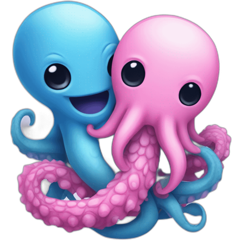 an adorable blue kraken hugging another pink kraken  adorable emoji