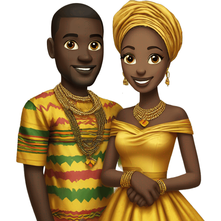 Ghanaian bride and groom. Gold jewelry with kente off shoulder dress. Kente Cloth emoji