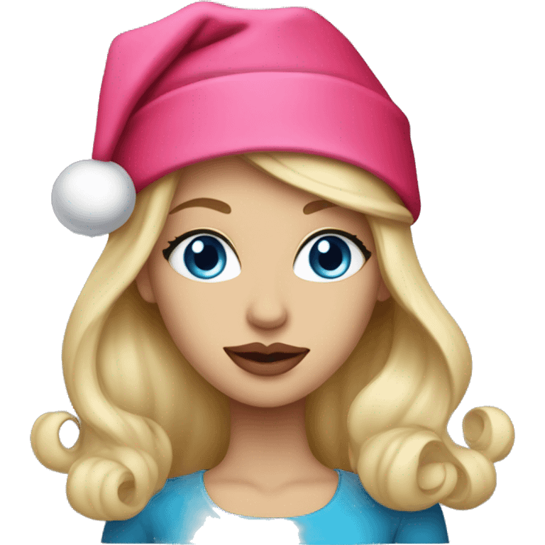 Beautiful blonde blue eyed woman, pink lips, wearing red santa hat emoji