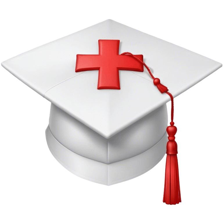  white medical graduation cap (mortarboard) with a red cross symbol in the center. The cap has a flat, square top and a slightly curved brim. A red tassel hangs from one corner, gently swaying. The design is clean and professional, symbolizing a medical graduate. The background is plain white emoji