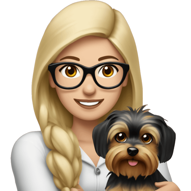 Beautiful blonde haired woman with ble eyes and black glasses wearing a red santa hat holding Yorkshire terrier emoji