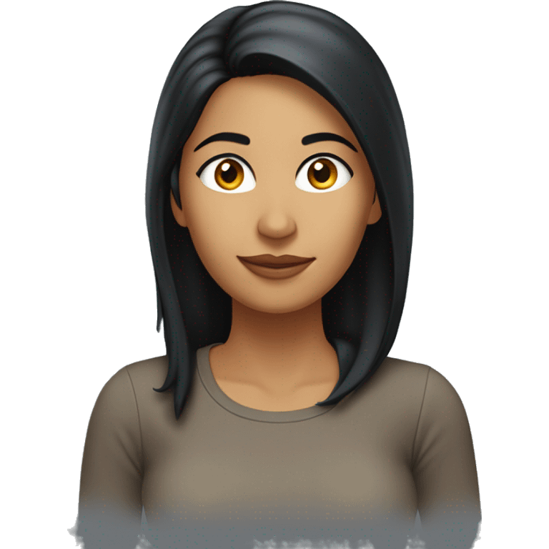 A head and shoulders shot of a 33 year old South Asian woman, with long black hair,   with brown eyes wearing a t-shirt. emoji