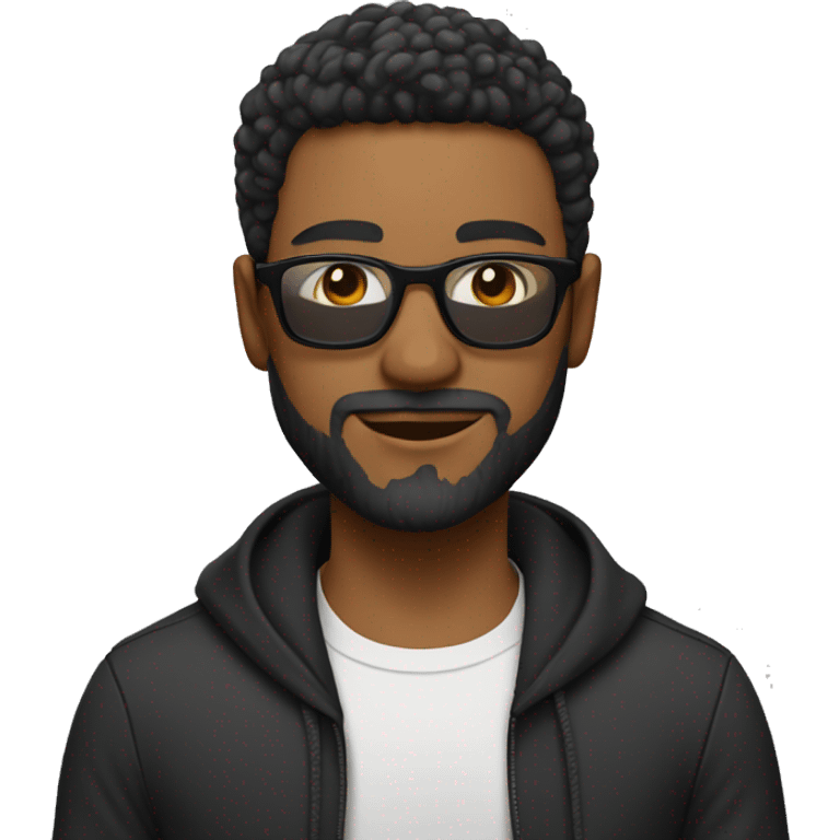 Create a male emoji, with characteristics of mixed race rao style, short hair, short and clean beard, black beach glasses, urban clothing. emoji