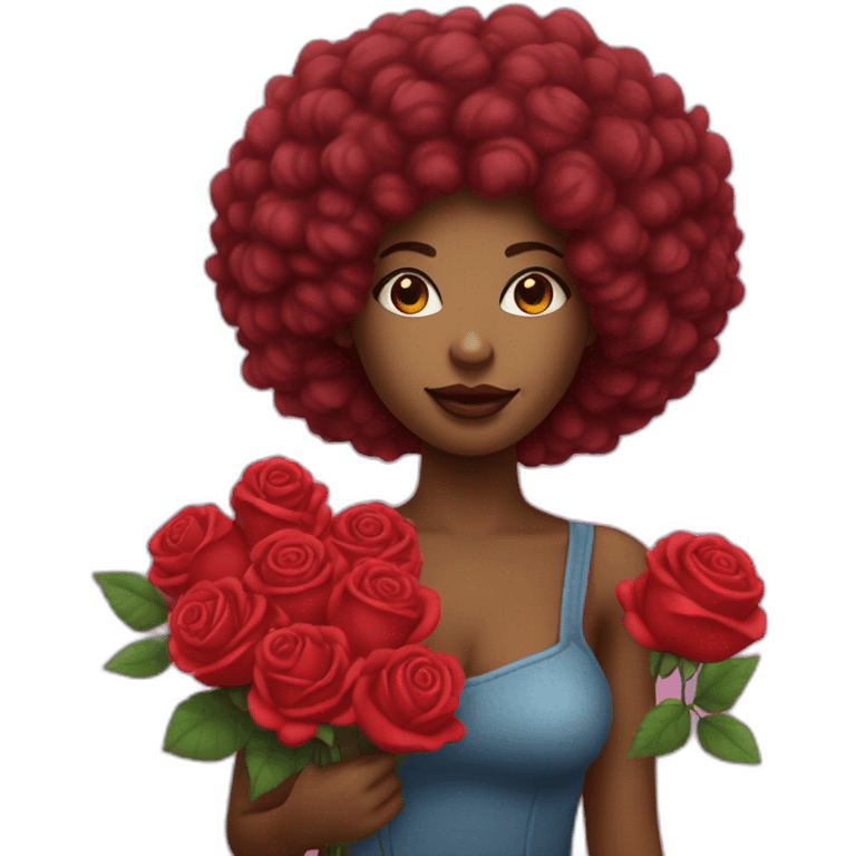 Femme métisse au cheveux afro tenant un Bouquet de rose rouge emoji