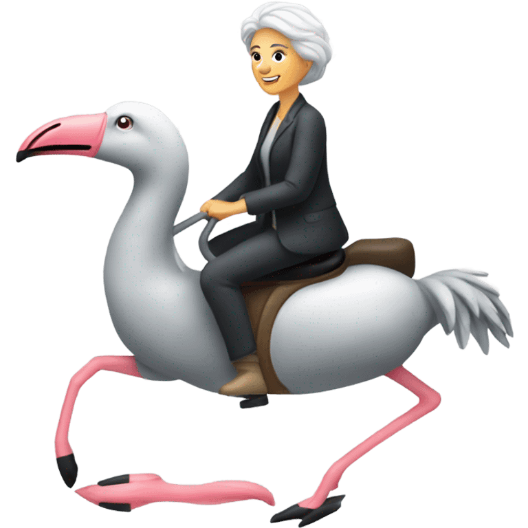 Older caucasian, gray hair,  woman riding flamingo emoji