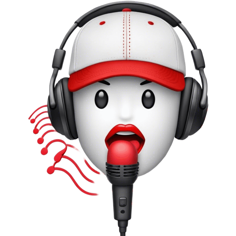 Create a dynamic and energetic emoji that represents beatboxing. The design should feature a stylized microphone with lips and sound waves emanating from it and baseball cap on it, symbolizing vocal percussion and rhythm. Add elements like headphones or a subtle speaker to emphasize the music production aspect. Use bold colors like black, white, and red to convey the intensity and creativity of beatboxing. The background should be transparent. emoji