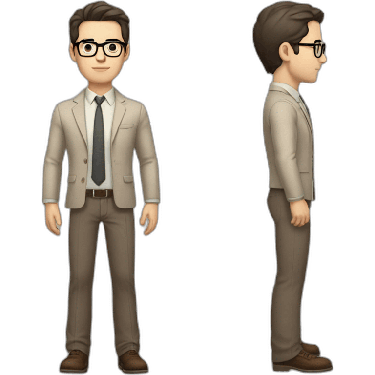 Full height Pale skinned fit man with dark brown hair in gray jacket, beige office shirt, brown tie, brown pants and vintage glasses. His right hand stretched out emoji