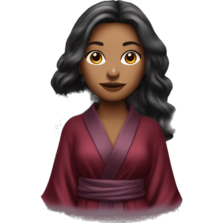 Beautiful tattooed burgundy long haired woman in silk robe emoji