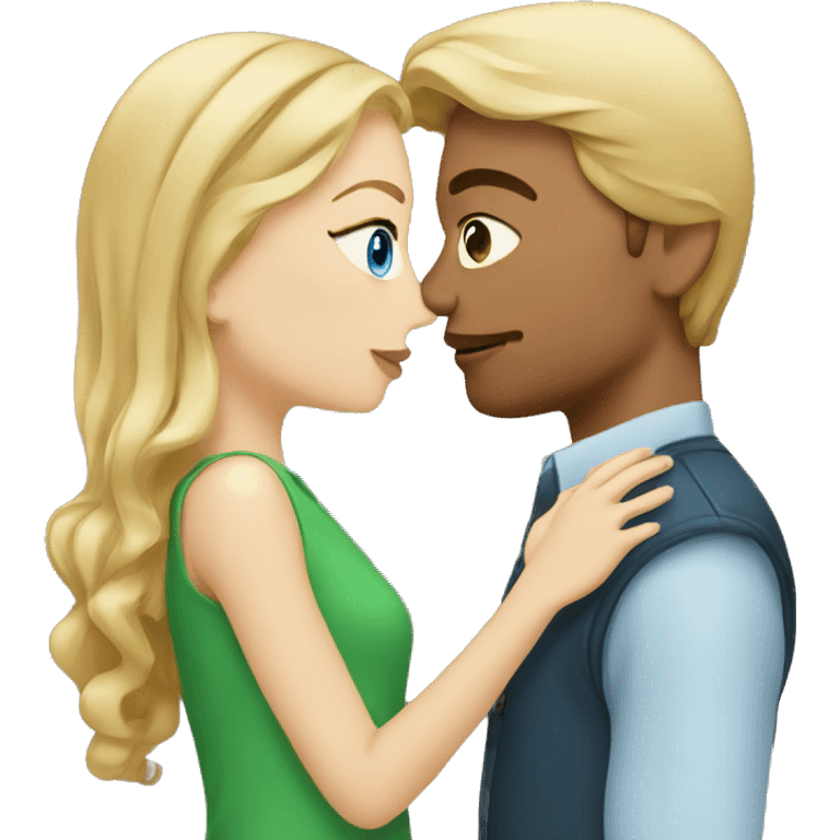 Man with blue eyes and blonde hair, kissing a girl with green eyes and brown hair  emoji