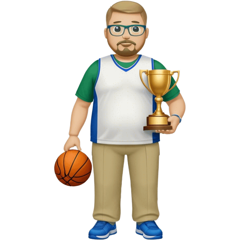 full body white obese male basketball coach with trophy. Goatee , Wearing glasses and blue and green polio with khaki pants emoji