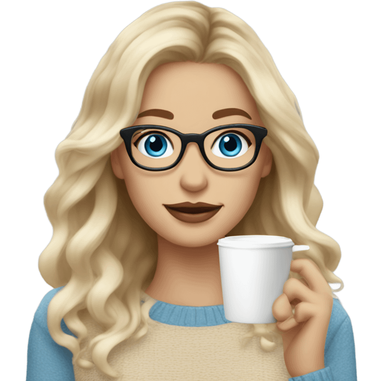 Blonde balayage long hair white women beige sweater blue eyes and small glasses holding coffee emoji