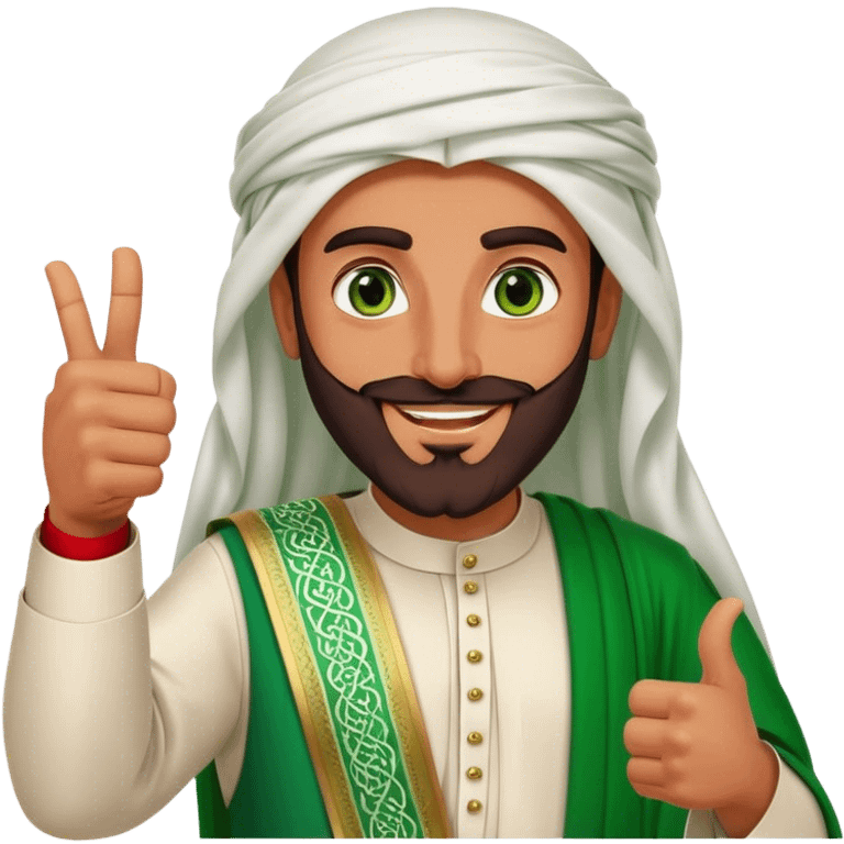 Tanned Arab Saudi man with green eyes and a beard, wearing traditional attire, red agal, smiling and giving a big thumbs-up emoji