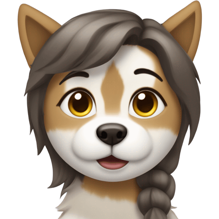 Une fille aux cheveux brun foncé fais un bisous sur la joue  a un Husky doré clair emoji